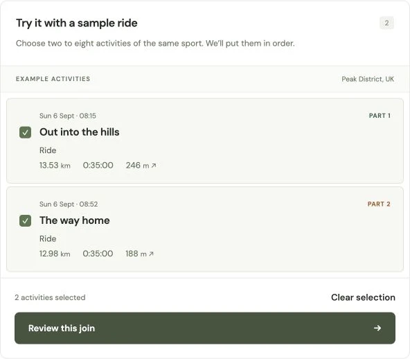 Two sample rides selected in Stitch: Out into the hills, 13.53 km, and The way home, 12.98 km.